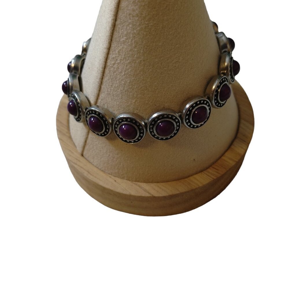 Purple And Silver Tone Beaded Stone Stretch Bracelet J28 - Picture 3 of 5